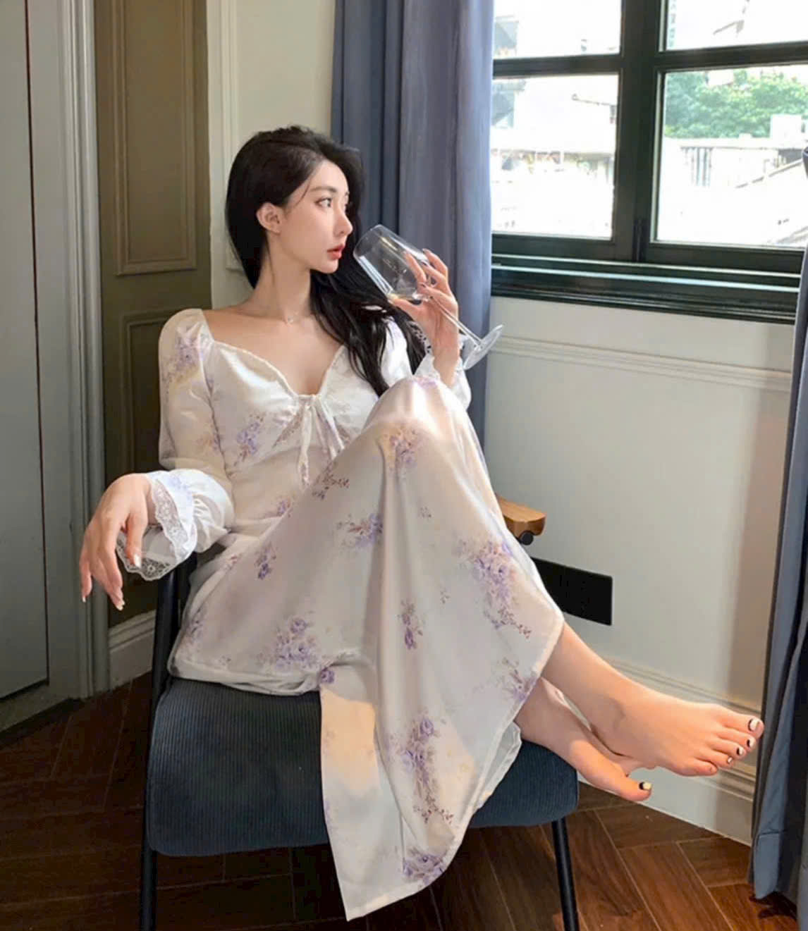 Đầm Ngủ D496 Lụa Quảng Châu Cao Cấp Dài Cột Dây Xinh Xắn