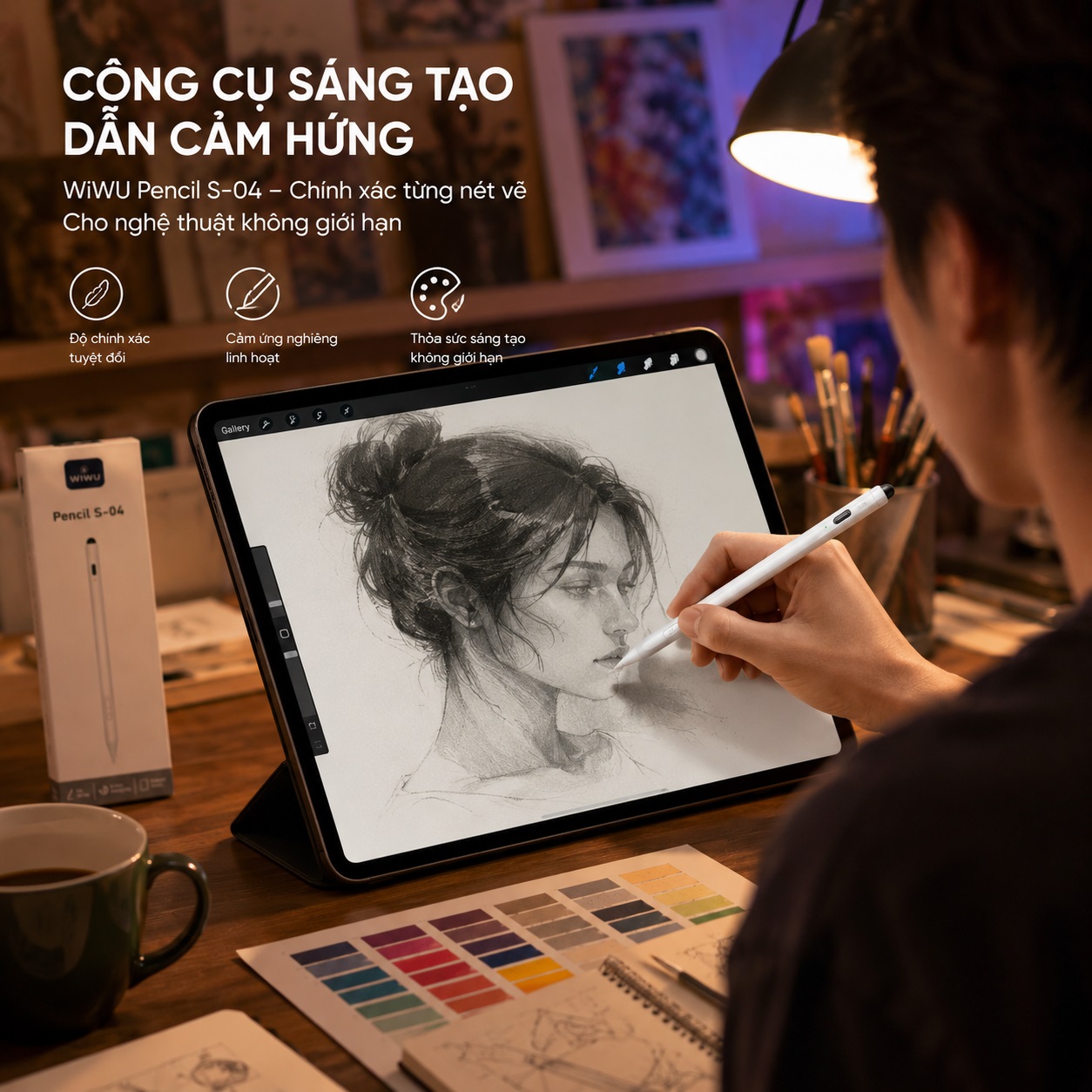 Bút cảm ứng styplus hỗ trợ tì tay cảm ứng lực nghiêng WIWU Pencil S-04 cho iPad iPhone Androids Pro 11 13 Air 10.9 - Hệ Thống Kép iOS Android, Magnetic | Pixel Perfect | Sạc Type-C - Hàng nhập khẩu