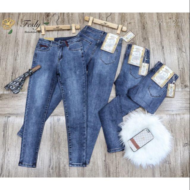 Quần Jean Nữ Xanh Xước Nhấn Cạp Lưng Cao