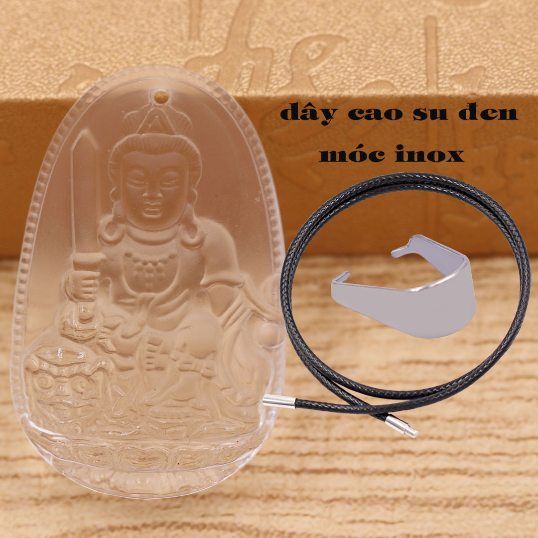 Mặt Phật Văn thù pha lê trắng 3.6 cm kèm móc và vòng cổ dây cao su đen, Mặt Phật bản mệnh