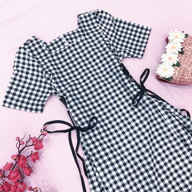 ĐẦM NỮ SUÔNG CARO DỰ TIỆC ĐI CHƠI CỰC XINH Đầm váy caro xanh cổ vuông đan dây eo