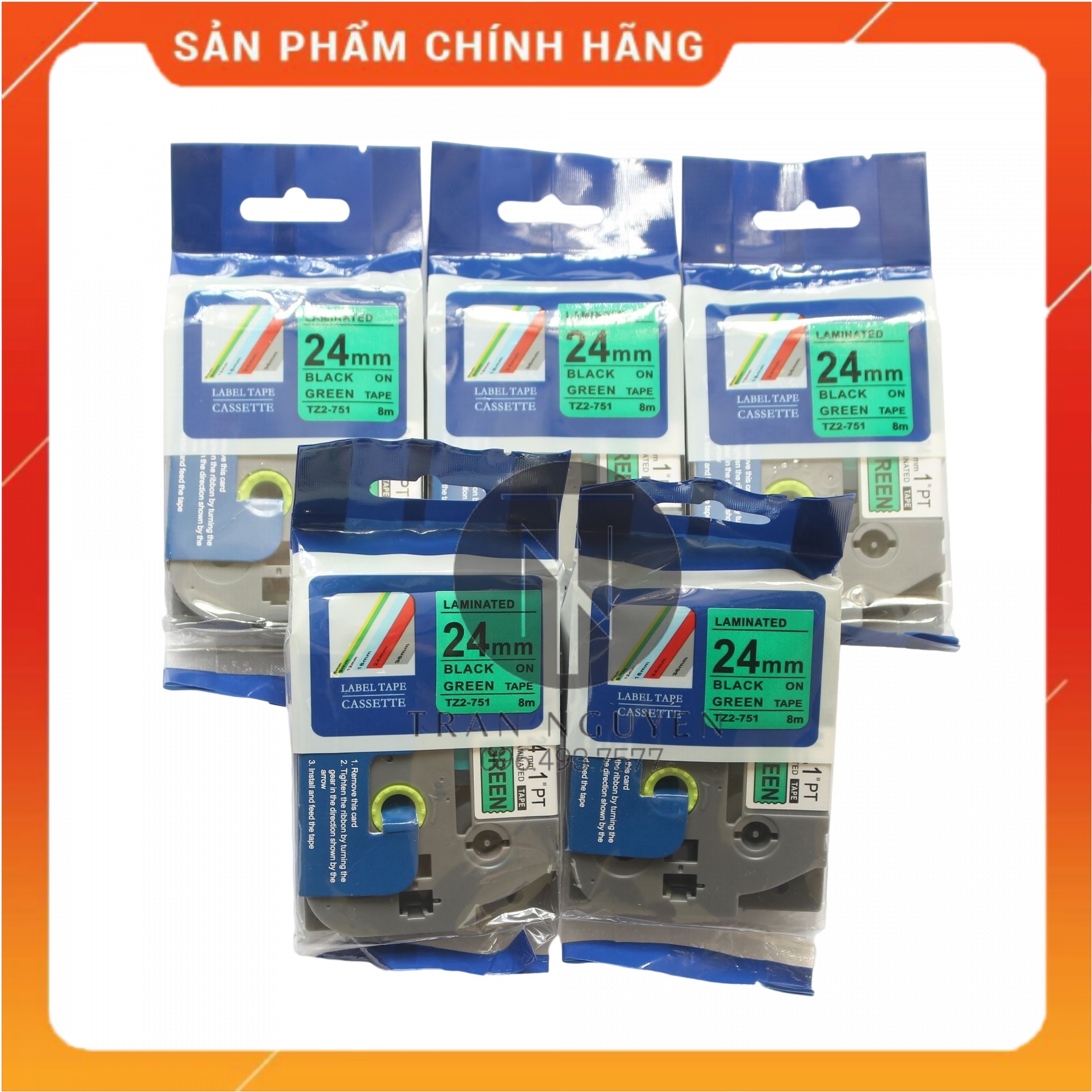 Nhãn In Brother Tz2-751 Đen nền xanh lá 24mm x 8m - Hàng nhập khẩu