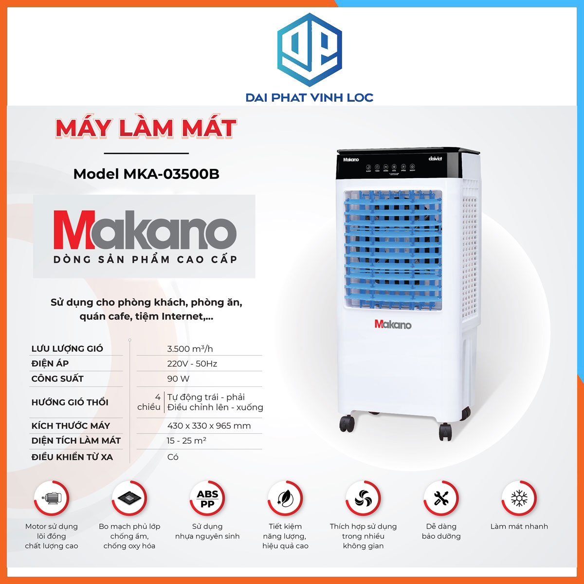 Máy Làm Mát/Quạt Hơi Nước Điều Hòa Không Khí Makano MKA-03500B- Lưu Lượng Gió 3.500m3/h - Công Suất 90W - Bảo Hành 1 Năm