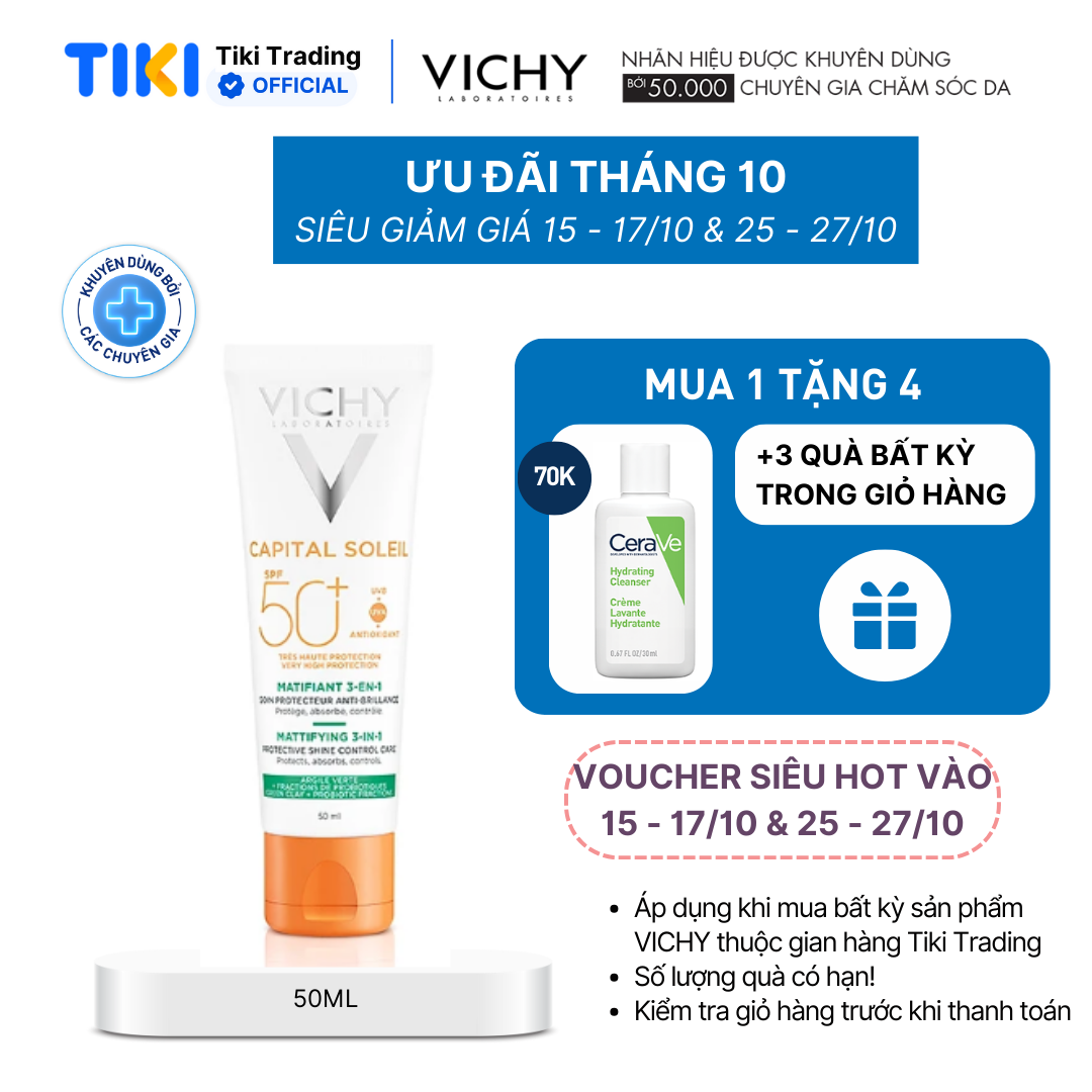 Kem Chống Nắng UVA+UVB Chống Bụi Mịn Vichy Spf50+CapitalSoleilMattifying 3in1 50ml