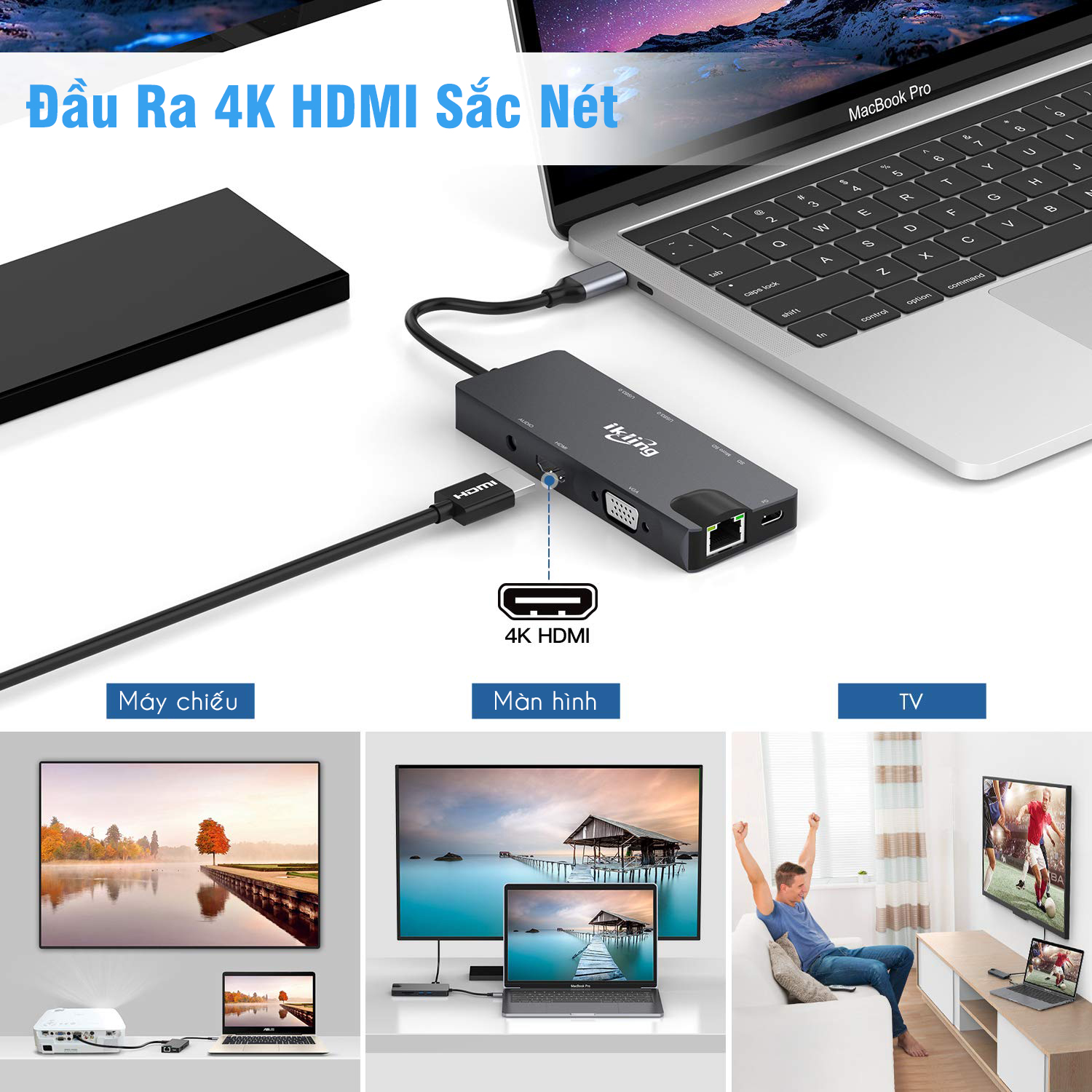 Cổng Chuyển HyperDrive Hub USB Type C 9 Cổng Ikling Ethernet SD Mircro SD VGA UHD HDMI Audio USB3.0 Cho Macbook SamSung - Hàng chính hãng