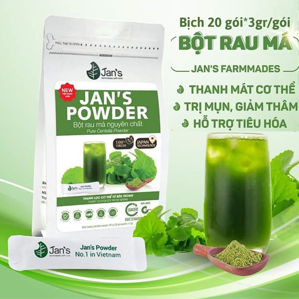 Bột rau má nguyên chất Jan's 60gr - Thanh nhiệt, thải độc, đẹp da, làm dịu cơn đau ngày đèn đỏ