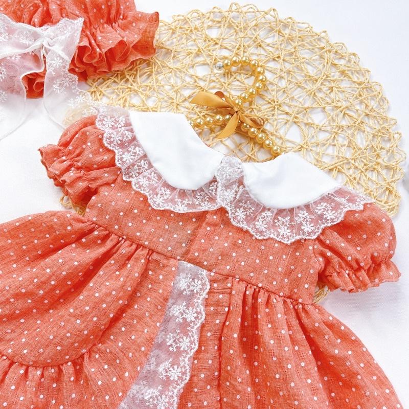 Váy Lolita Chấm Bi Cam Bé Gái Sơ Sinh Đến 12kg, Đầm Bé Gái Chất Đũi Thông Hơi Mềm Mát