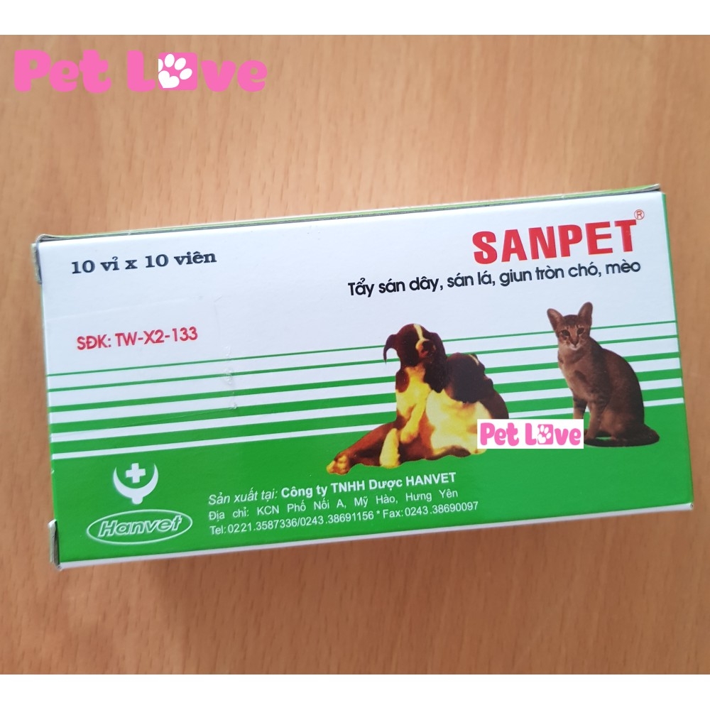 Sanpet tẩy giun tròn, sán lá, sán dây chó mèo (1 hộp x 100 viên)