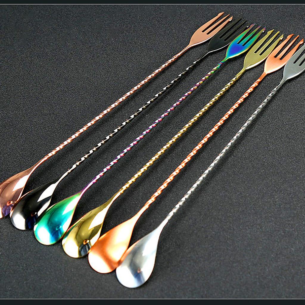 Stainless Steel Bar Cocktail Spoon Long Fine Thread Handle Mixing Spoon with Fork
