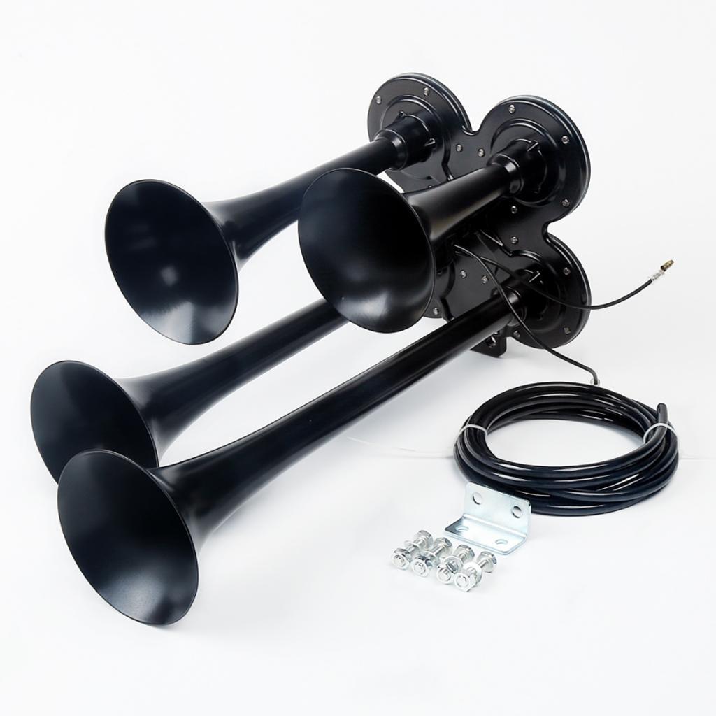 Loud 150dB 4/Four Trumpet Train Air Horn With 12V Electric Solenoid Black