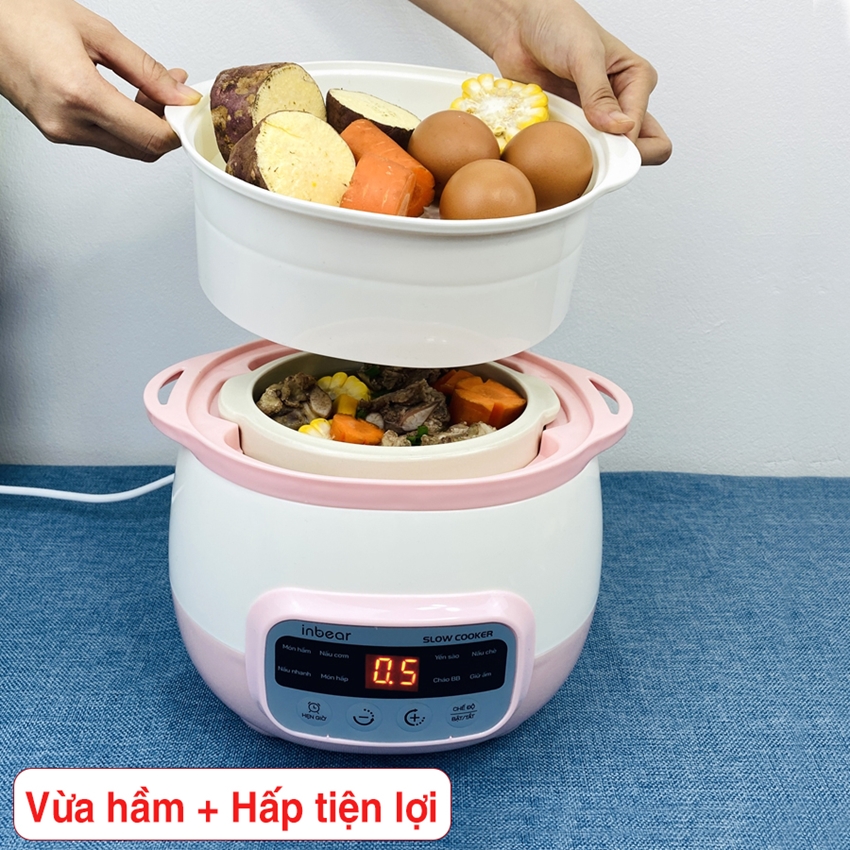 Nồi Nấu Cháo Chậm Chính Hãng INBEAR 1,6L - 8 Chức Năng Nấu Cháo Cho Bé, Nồi Chưng Yến, Nồi Hầm Hấp Cách Thủy Đa Năng, Có Xửng Hấp Và Thố Gốm , Tặng Thìa Báo Nóng Silicon