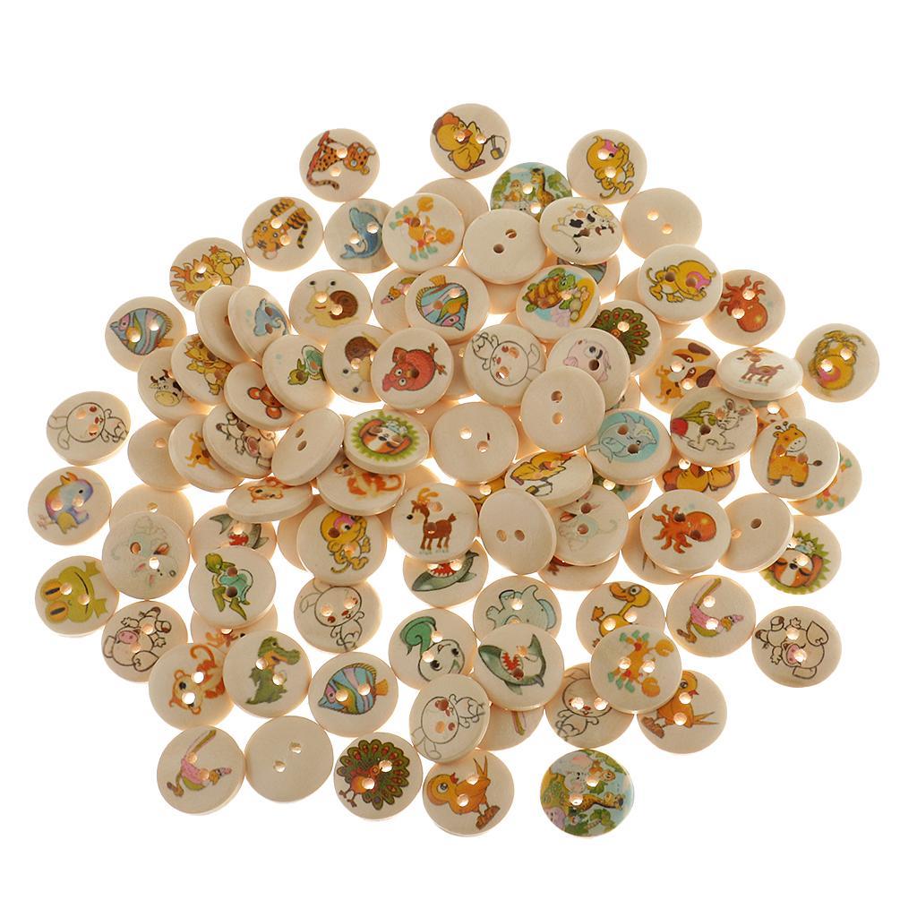 100Pieces Mixed Animal Pattern Wooden 2 Holes Buttons for Sewing Crafts 15mm