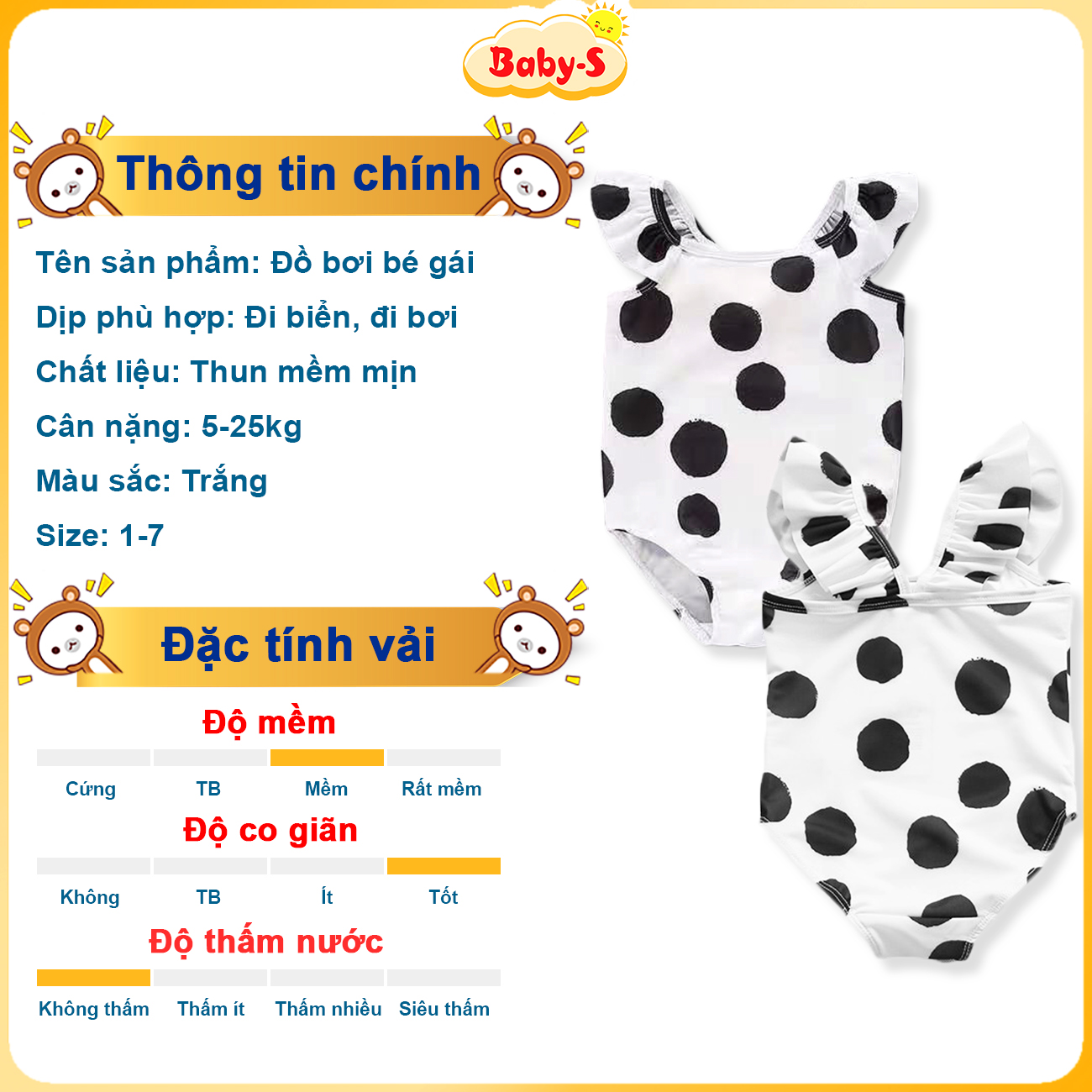 Hình ảnh Bikini cho bé 5-25kg họa tiết chấm bi Baby-S, Đồ bơi bé gái liền thân cánh tiên xinh xắn – SDB019