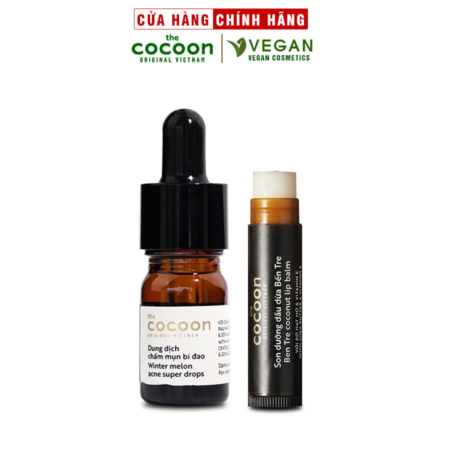 Combo Dung dịch chấm mụn bí đao Cocoon 5ml + Son dưỡng môi dầu dừa Bến Tre 5g