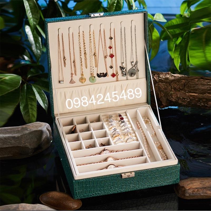 Hộp đựng trang sức cao cấp bọc da PU 3 tầng có khoá có gương