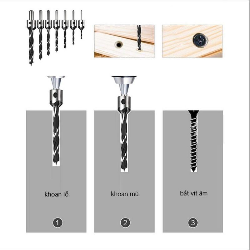 Bộ 7 Mũi Khoan Âm Vít 2 Tầng - Khoan Âm Bắt Vít Chìm Thép Gió 3-10mm