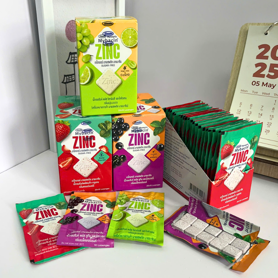 Kẹo Ngậm Mybacin Zinc Plus - Vị Trái cây The Mát Không Đường - Gói 9,4g (10 Viên) - Hàng Nhập Khẩu Thái Lan