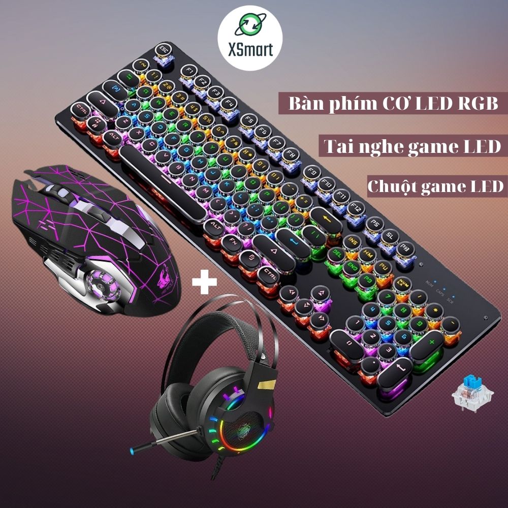 Bộ bàn phím cơ gaming và chuột game XSmart kèm tai nghe headphone chụp tai FULL LED đổi màu nhiều chế độ T907+V5 tia sét + K3 - Hàng Chính Hãng