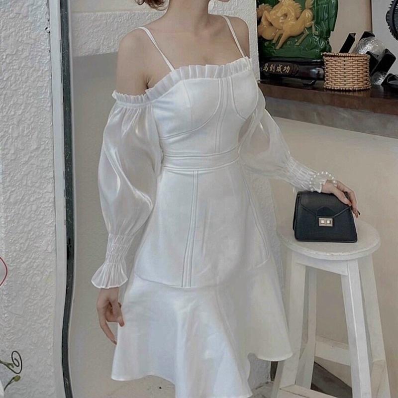 Đầm Rớt Vai Tay Kiếng Váy Cup Ngực Tay Dài Siêu Xinhh