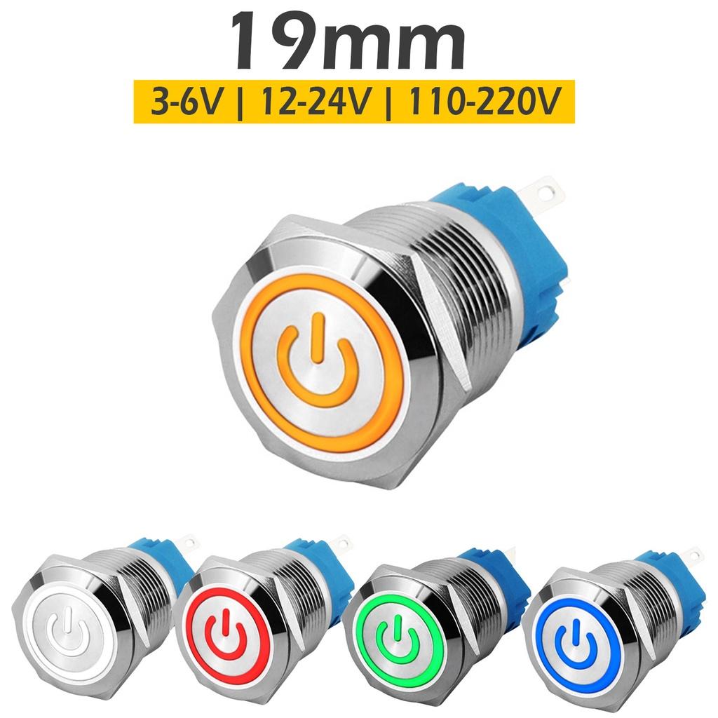 Nút nhấn Led INOX 19mm, Công tắc Tự khóa có hình Nguồn dùng nguồn Điện áp (3-6V, 12-24V, 110-220V)