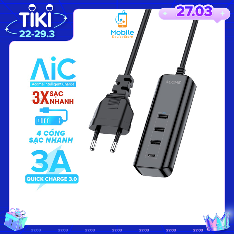 Ổ Cắm Cổng Sạc Nhanh 4 Cổng Sạc Nhỏ Gọn ACOME 3 Ouput USB-A Và 1 OutPut Type C - Hàng Chính Hãng