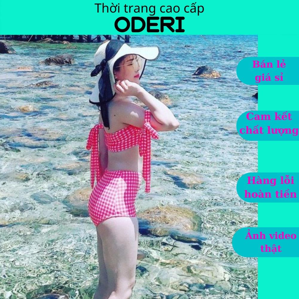 Bikini, Đồ Bơi Đi Biển Hai Mảnh Caro Nơ Vai Đỏ Quần Cạp Cao ODERI HM-017
