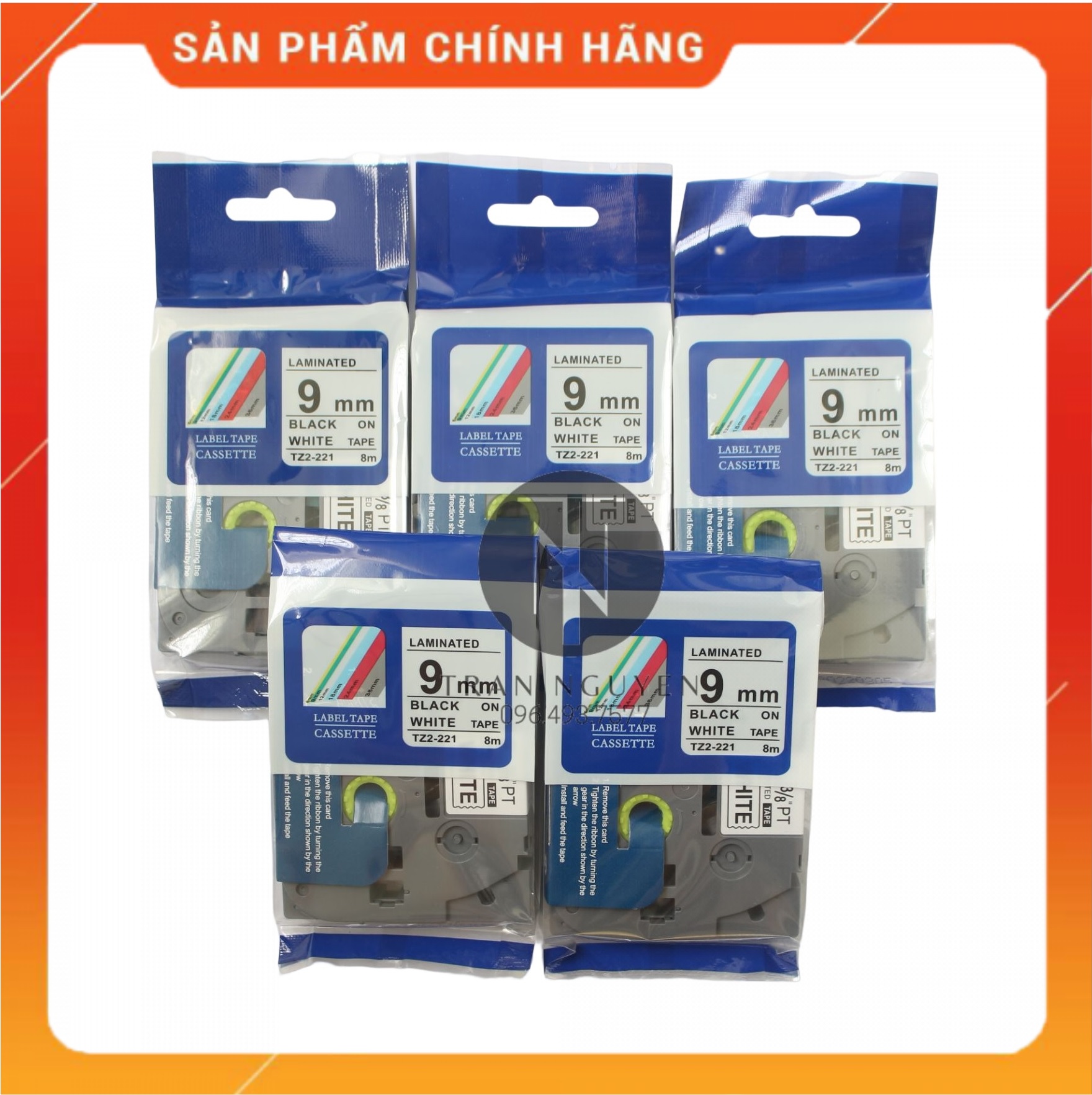 [Combo 3 cuộn] Nhãn In đa lớp Tz2-221 - Đen nền trắng 9mm x 8m- hàng chính hãng