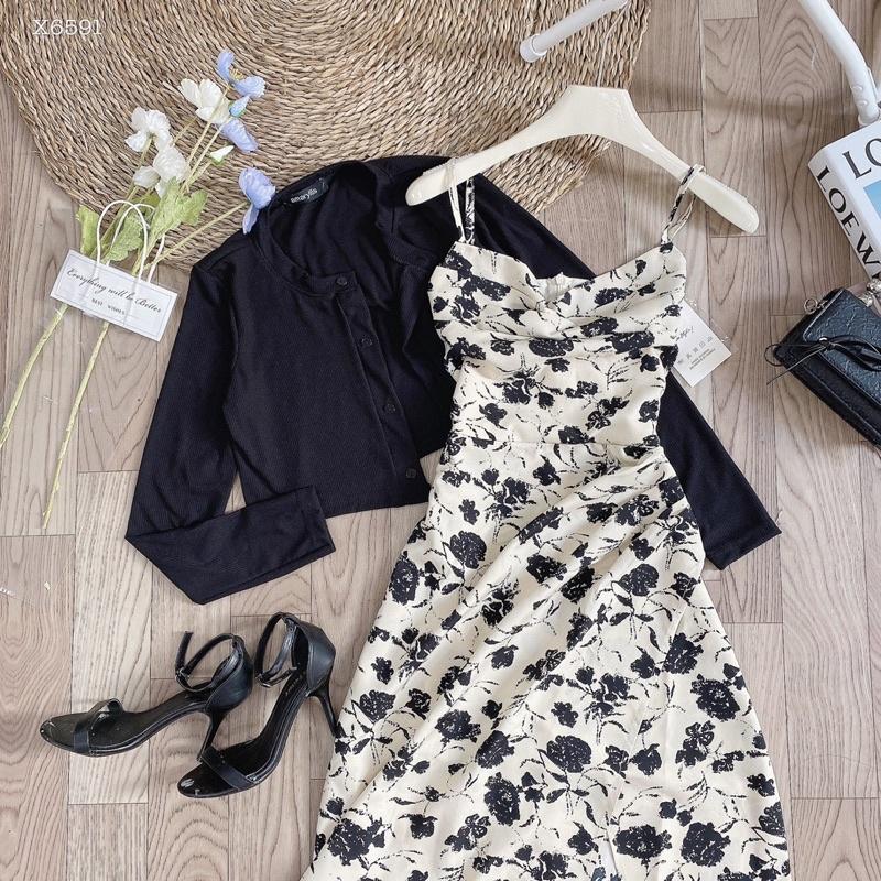 Set váy hoa kèm áo khoác croptop