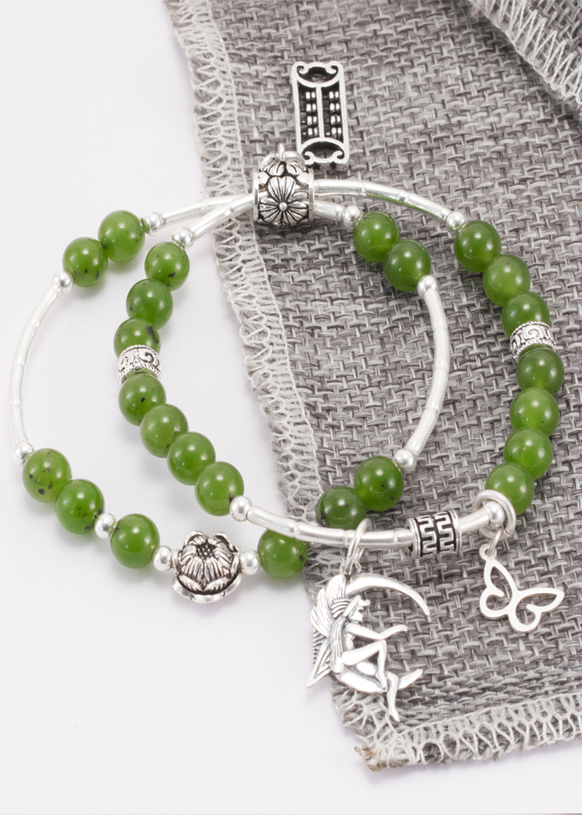 Vòng 2 Line Ngọc Bích Phối Charm Hoa Sen Bạc 6mm Ngọc Quý Gemstones