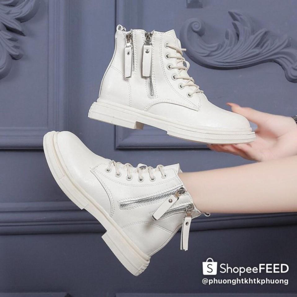 Giày Boots Nữ, Boots Nữ Cổ Thấp 3cm Hai Khóa Hot Hit Siêu Đẹp Hai Màu Đen Kem Minhtushoes Giày Nữ Cao cấp