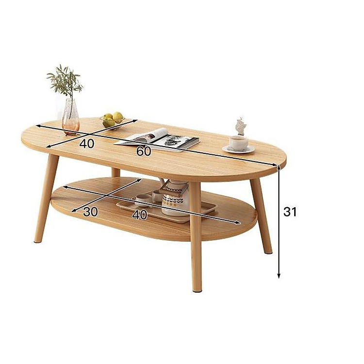 Bàn sofa, bàn trà hình Ovan 2 tầng, chân gỗ tự nhiên cao cấp