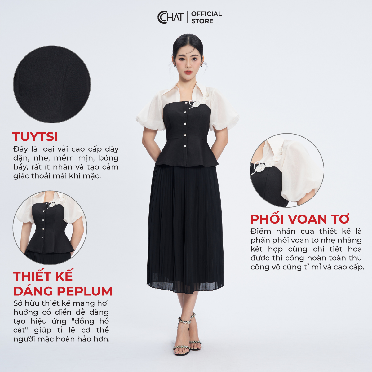 Áo Sơ Mi Nữ Cổ Kiểu Tay Bom Peplum Chất Liệu Tuytsi Cao Cấp 53FNS8003PT