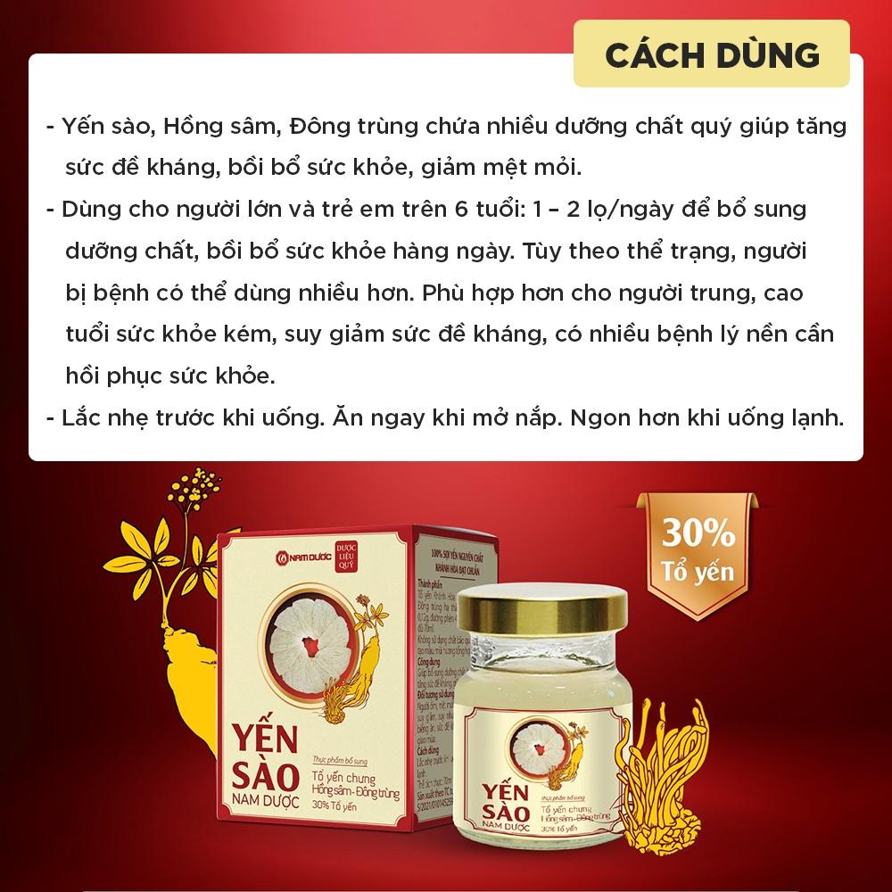 Yến sào Nam Dược 70ml tổ yến chưng hồng sâm và đông trùng giúp bồi bổ, tăng sức đề kháng, ngăn ngừa mệt mỏi