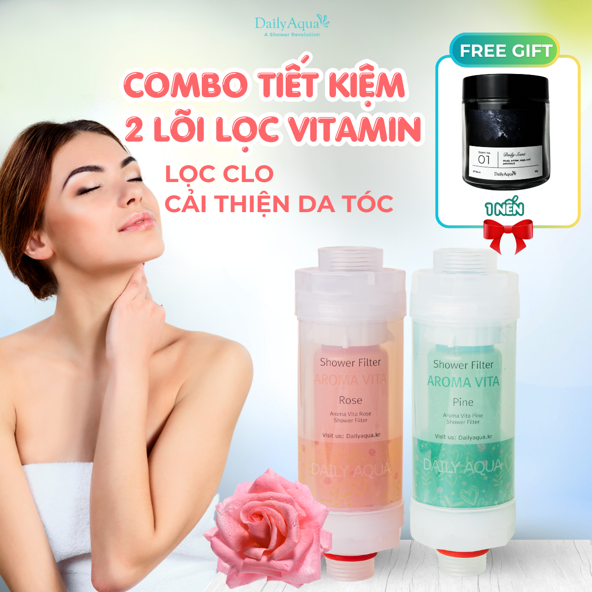 [Kèm quà tặng] Bộ Lõi Lọc Nước Vòi Hoa Sen Vitamin C Daily Aqua - Combo 4 Mùi Hương