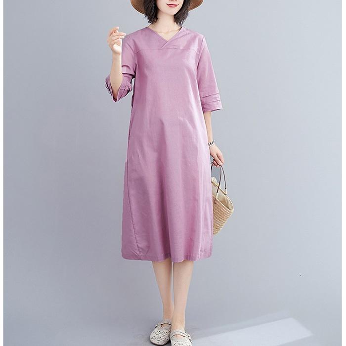 Đầm suông linen cổ tim chồng tay lỡ, thời trang hè thu - Tím nhạt
