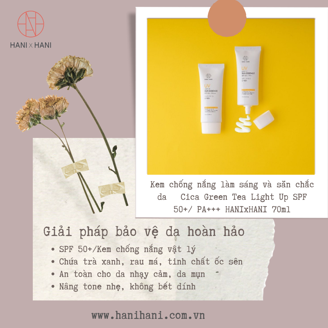 [CHÍNH HÃNG] Kem Chống Nắng Vật Lý Dưỡng Da làm sáng và săn chắc da Cica Green Tea Light Up SPF 50+/ PA+++  an toàn với mọi loại da, không vón cục, không bết dính, không bóng dầu dùng được cho da nhạy cảm, da mụn và da trị liệu Hani x Hani 70ml