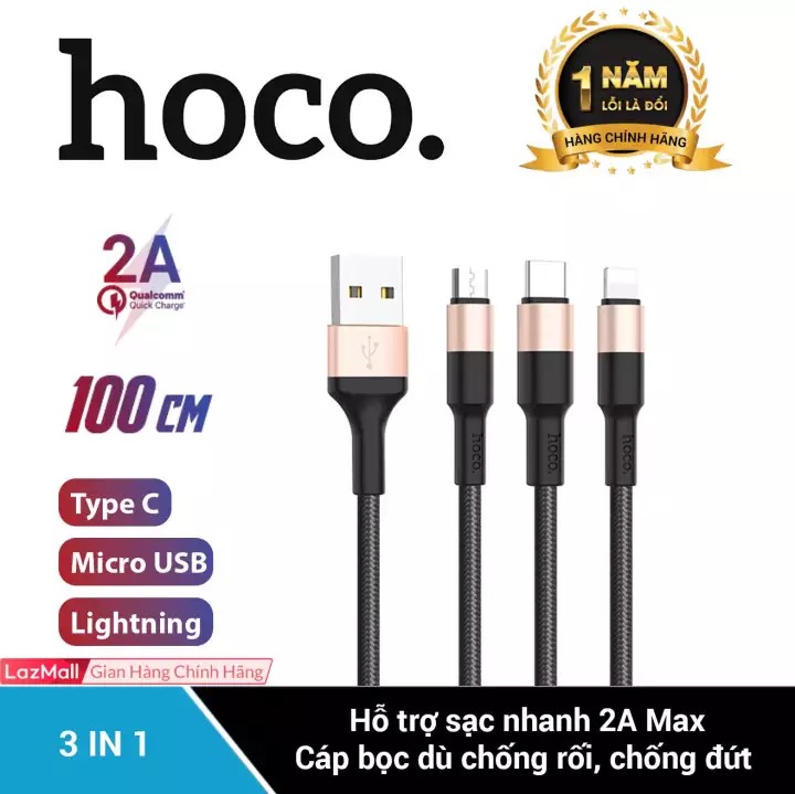 Cáp Sạc Hoco X26 3 Đầu IPhone - Micro Usb - Type C Dây Dù Chống Đứt Dài 1M -Hàng Chính Hãng (MÀU SẮC NGẪU NHIÊN)