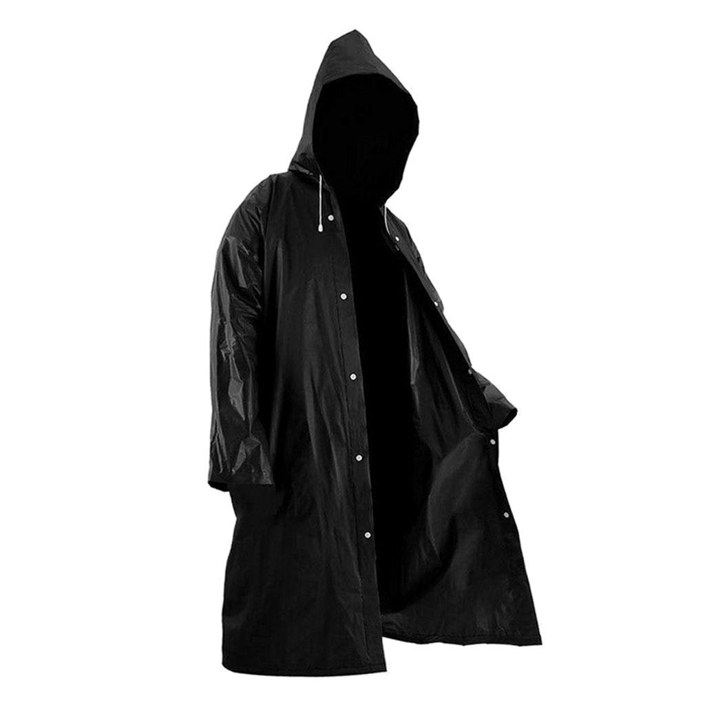 Women Men Fashion Solid Black Rain Poncho Long Sleeve Hooded Raincoat Jacket