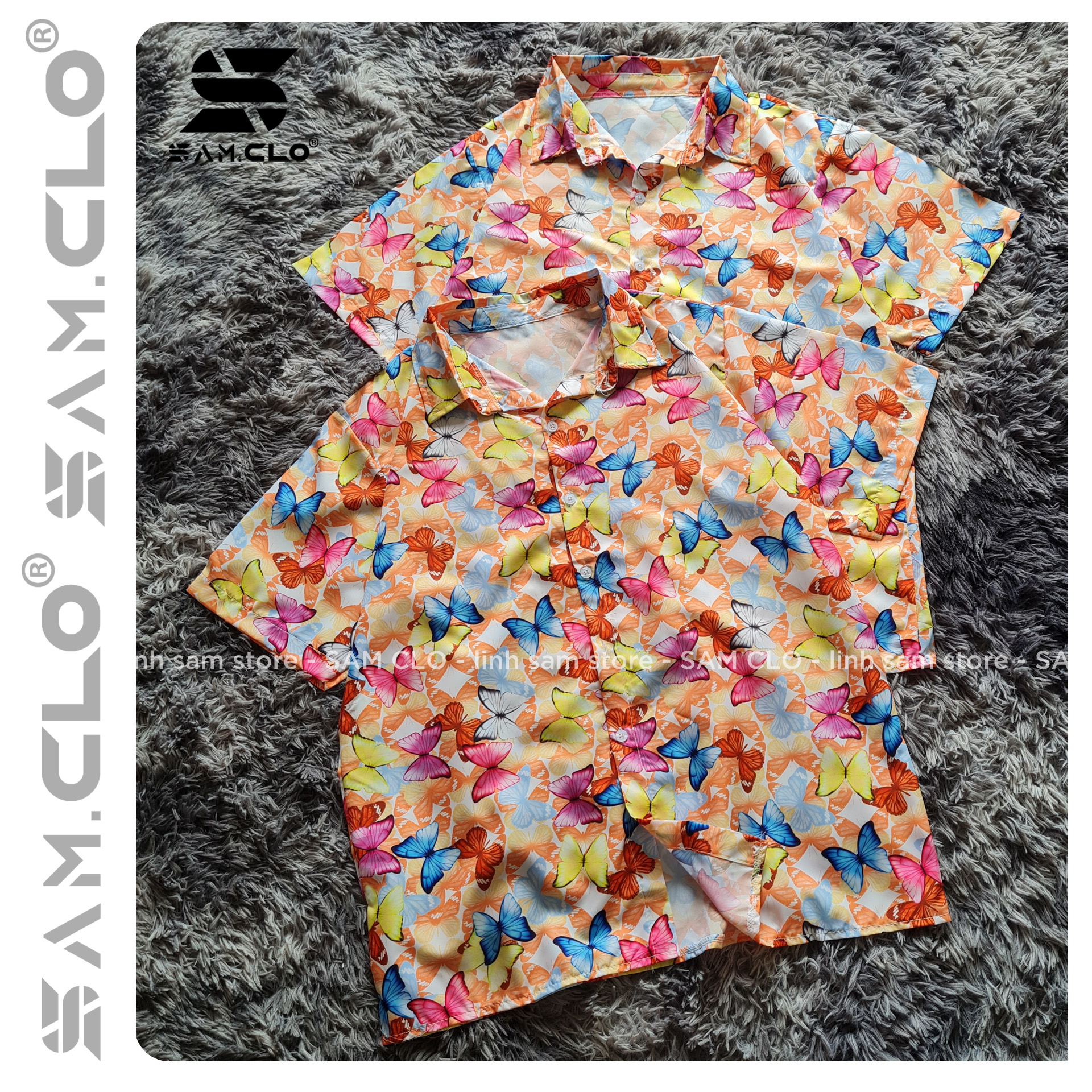 Áo SƠ MI NỮ SAM CLO form rộng in 3D cổ bẻ tay ngắn - lỡ dáng ulzzang freesize unisex mặc cặp, nhóm in hình ĐÀN BƯỚM COLORFUL