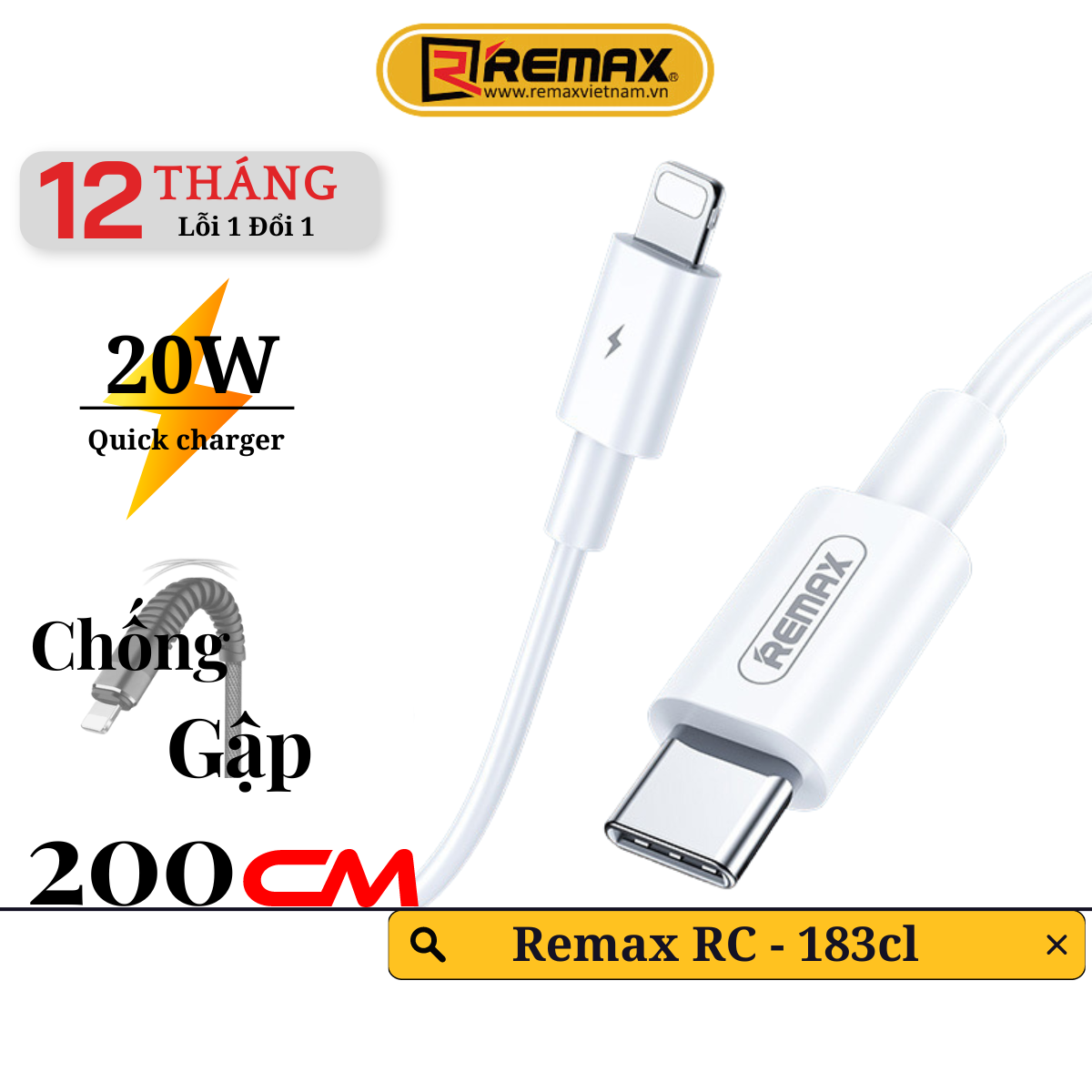 Dây sạc chính hãng Remax 183cl 2M hỗ trợ sạc nhanh 20w cho 14 Pro Max trở xuống . Hàng Chính Hãng Remax