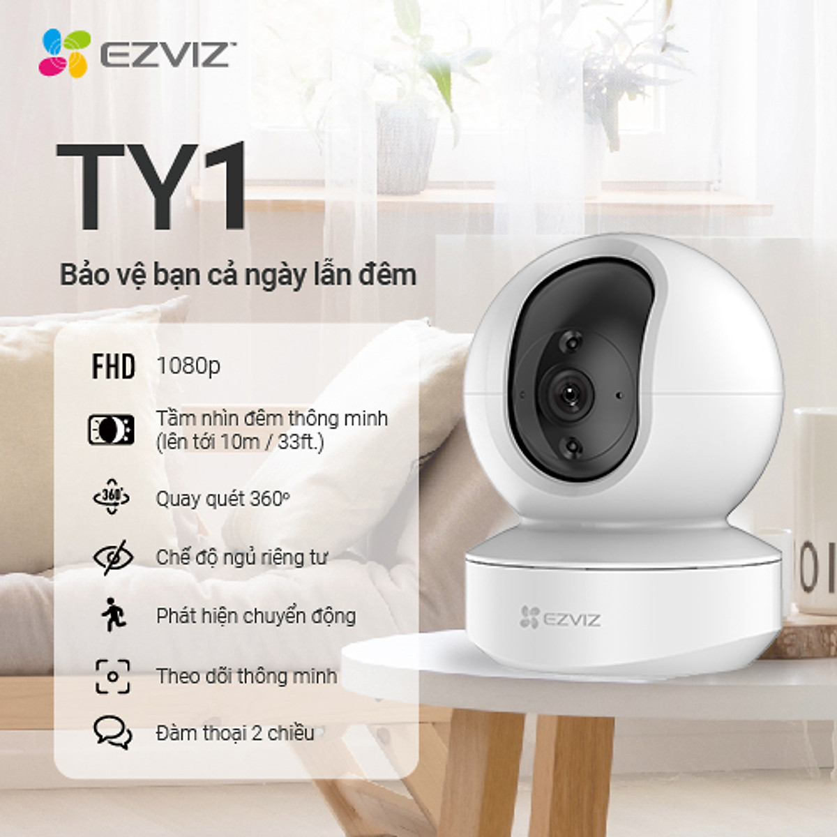 Camera Wifi EZVIZ TY1 2MP FullHD, Lắp Trong Nhà, Quay 360 Độ, Âm Thanh Đàm Thoại 2 Chiều, Hỗ Trợ Thẻ Nhớ Lên Đến 256GB - Hàng Chính Hãng