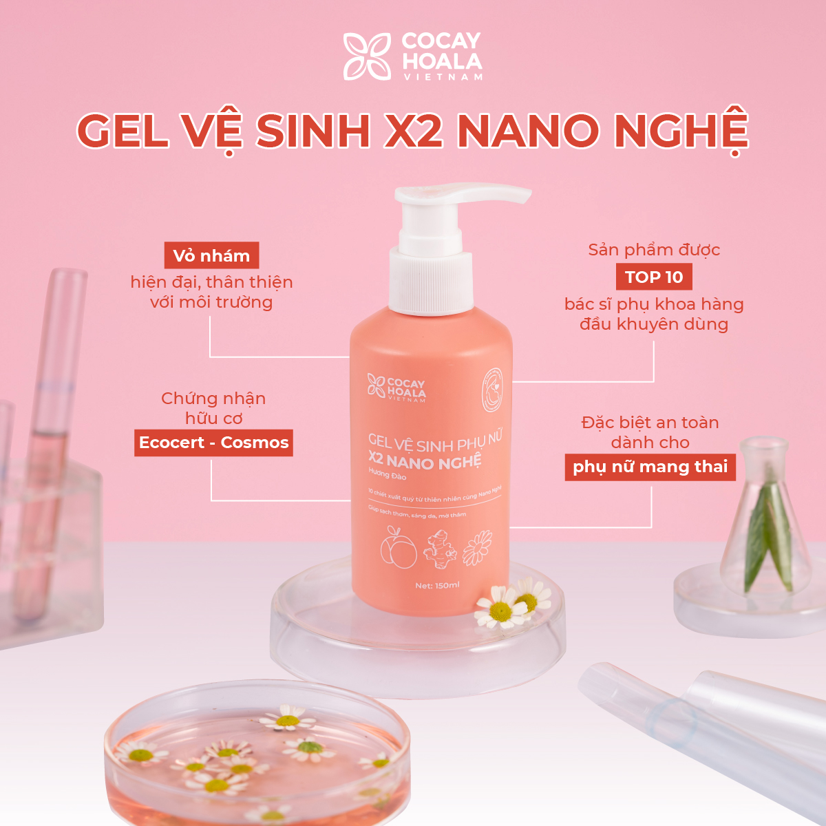 Dung dịch vệ sinh phụ nữ Gel x2 nano nghệ hữu cơ Cỏ Cây Hoa Lá giảm viêm ngứa, khử mùi, an toàn cho mẹ bầu - 150ml