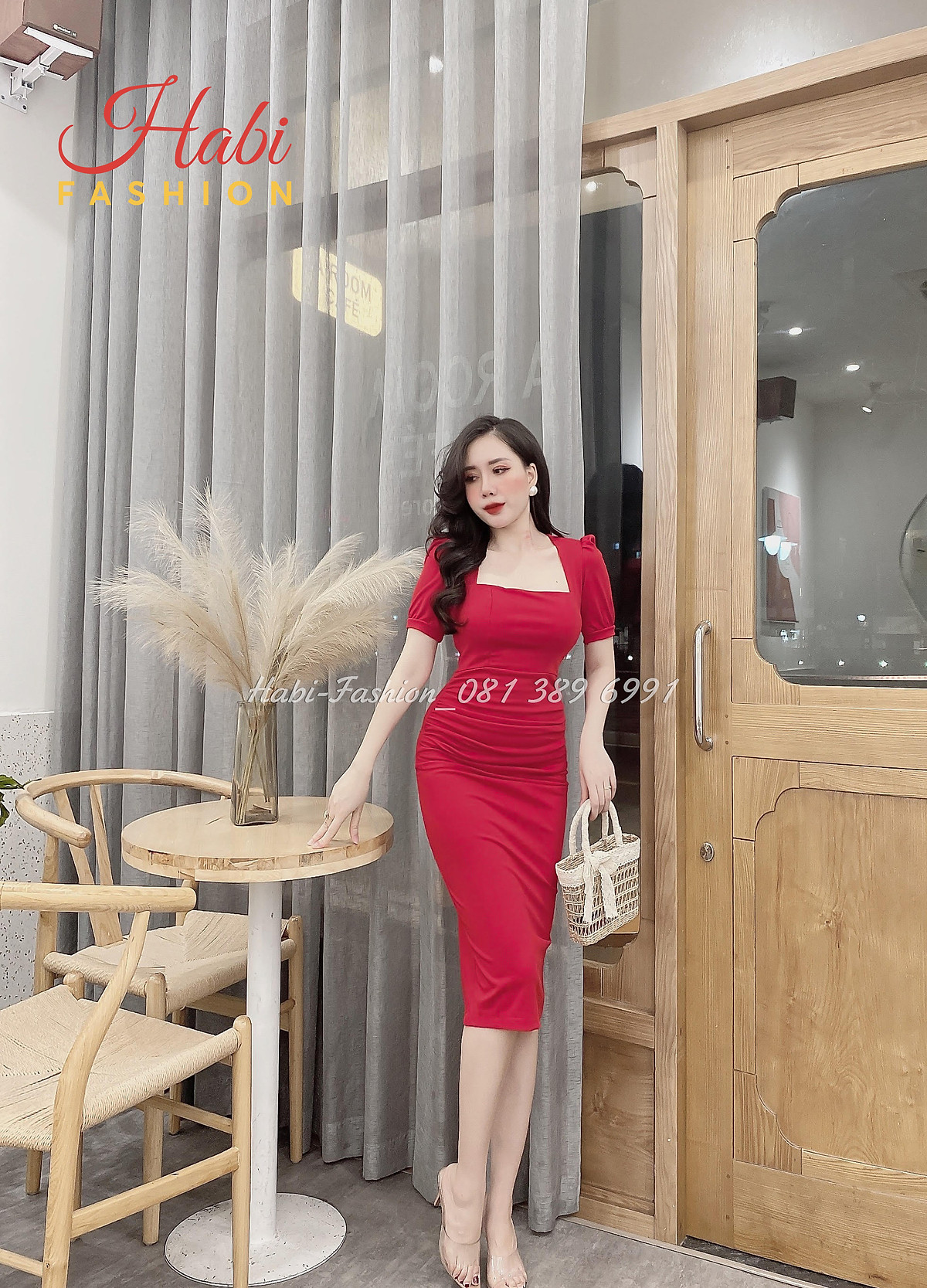 Đầm váy nữ body sang chảnh cổ vuông xếp ly trước, đầm body dự tiệc 3 màu có mút ngực