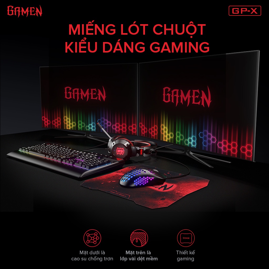 Tấm lót chuột Gamen GP-X bàn di chuột kiểu dáng gaming kích thước 29 x 25 cm - Hàng Chính Hãng