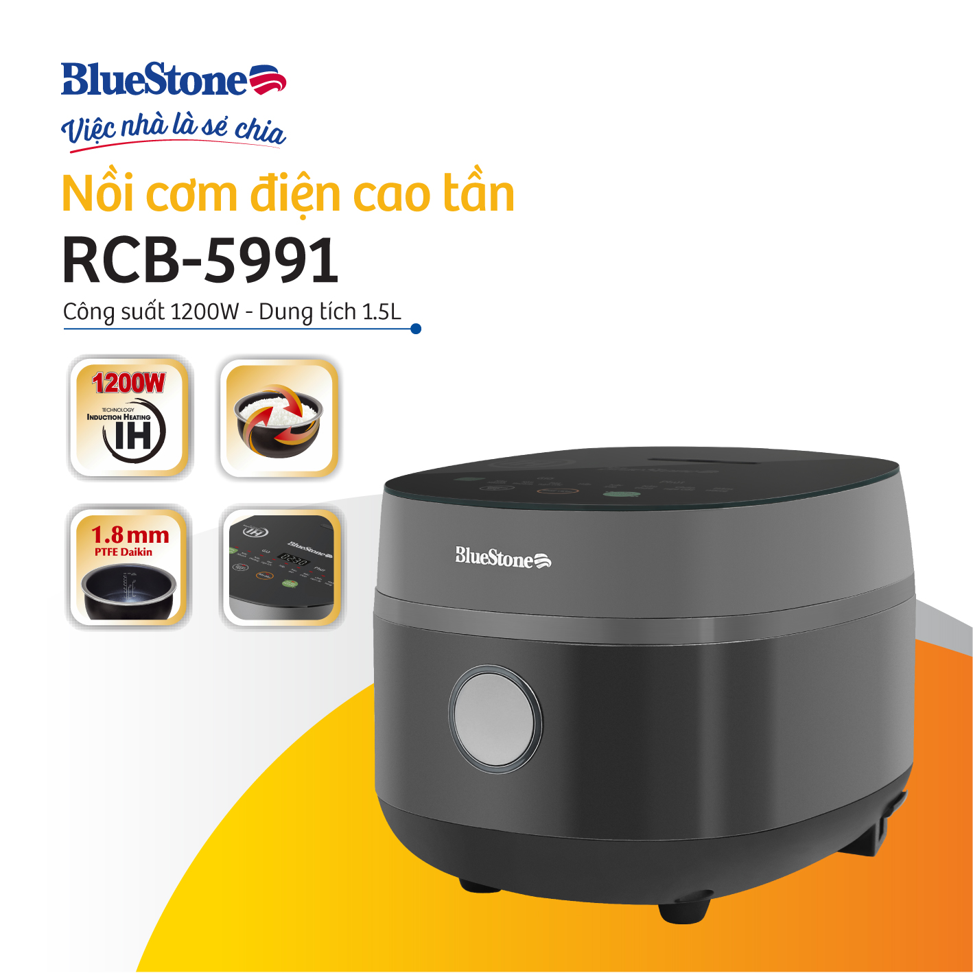 [Trả Góp 0%] Nồi Cơm Điện Tử Cao Tần BlueStone RCB-5991- 1,5 lít - 1200W - Bảo hành 2 năm - Hàng chính hãng