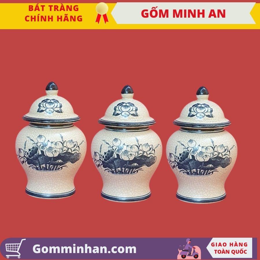 Chóe thờ, chóe cúng trên ban thờ men rạn vẽ hoa sen vẽ rồng gốm Minh An Bát Tràng