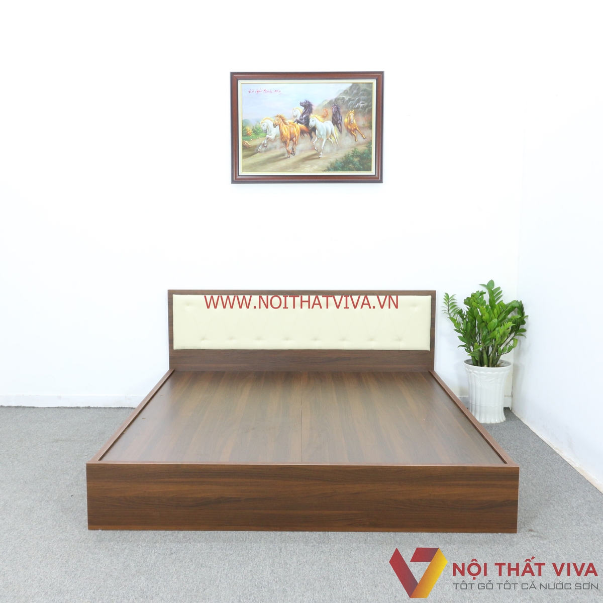 Giường Ngủ Gỗ MDF Melamine Màu Nâu Có Ngăn Kéo + Đầu Nệm Kem Đẹp