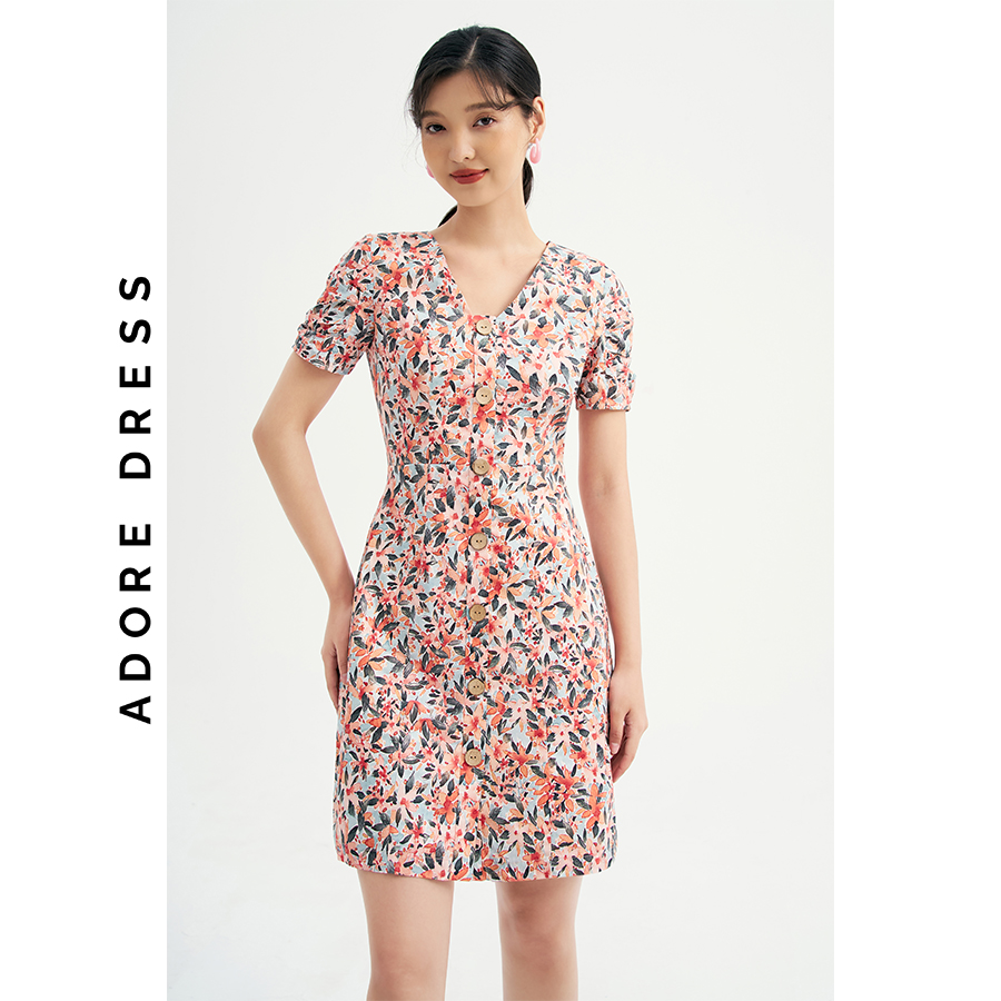 Đầm Mini dresses casual style thô lụa hoa nhỡ cam 311DR1030 ADORE DRESS