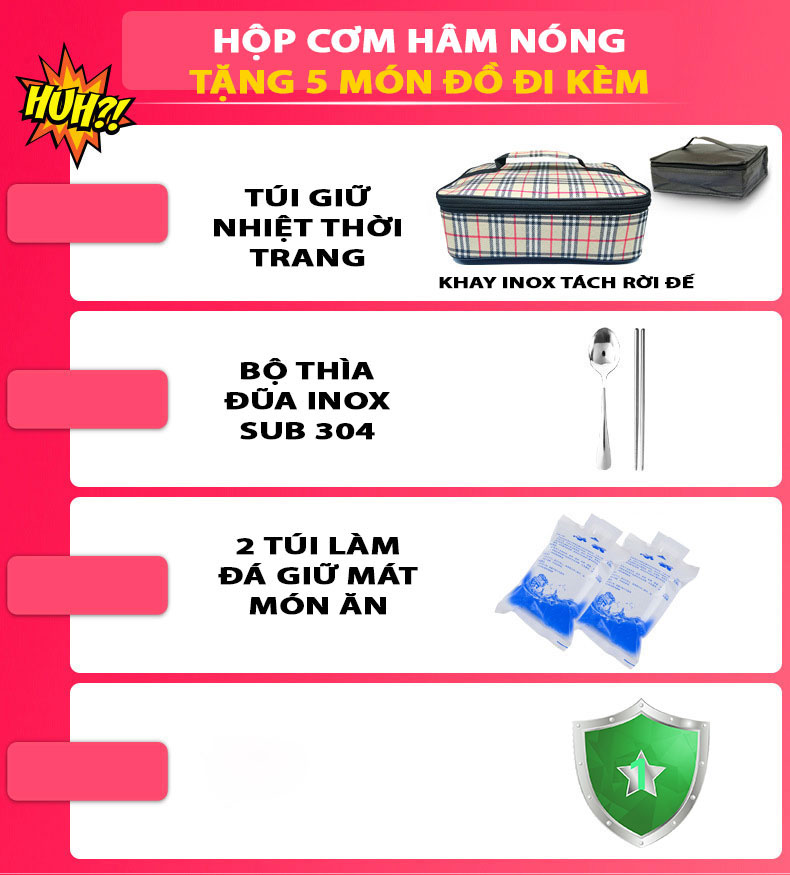 Hộp Cơm Hâm Nóng Giữ Nhiệt Cao Cấp - Khay 3 ngăn Inox 304, Tặng kèm túi đựng giữ nhiệt , thìa &amp; đũa inox 304 và 2 túi làm đá