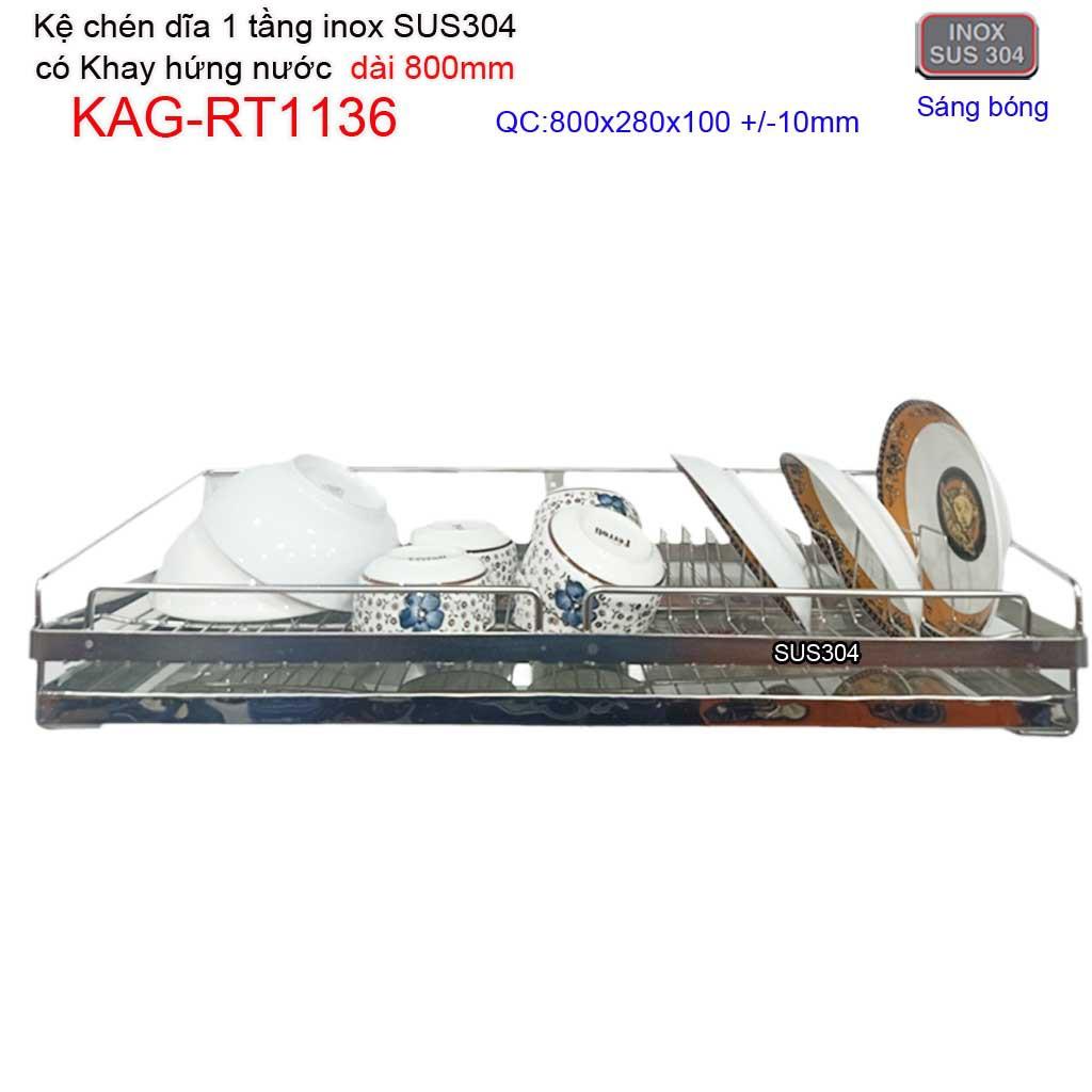 Kệ đựng chén bát dài 80cm inox 304, kệ úp chén dĩa 1 tầng có khay hứng nước inox KAG-RT1136
